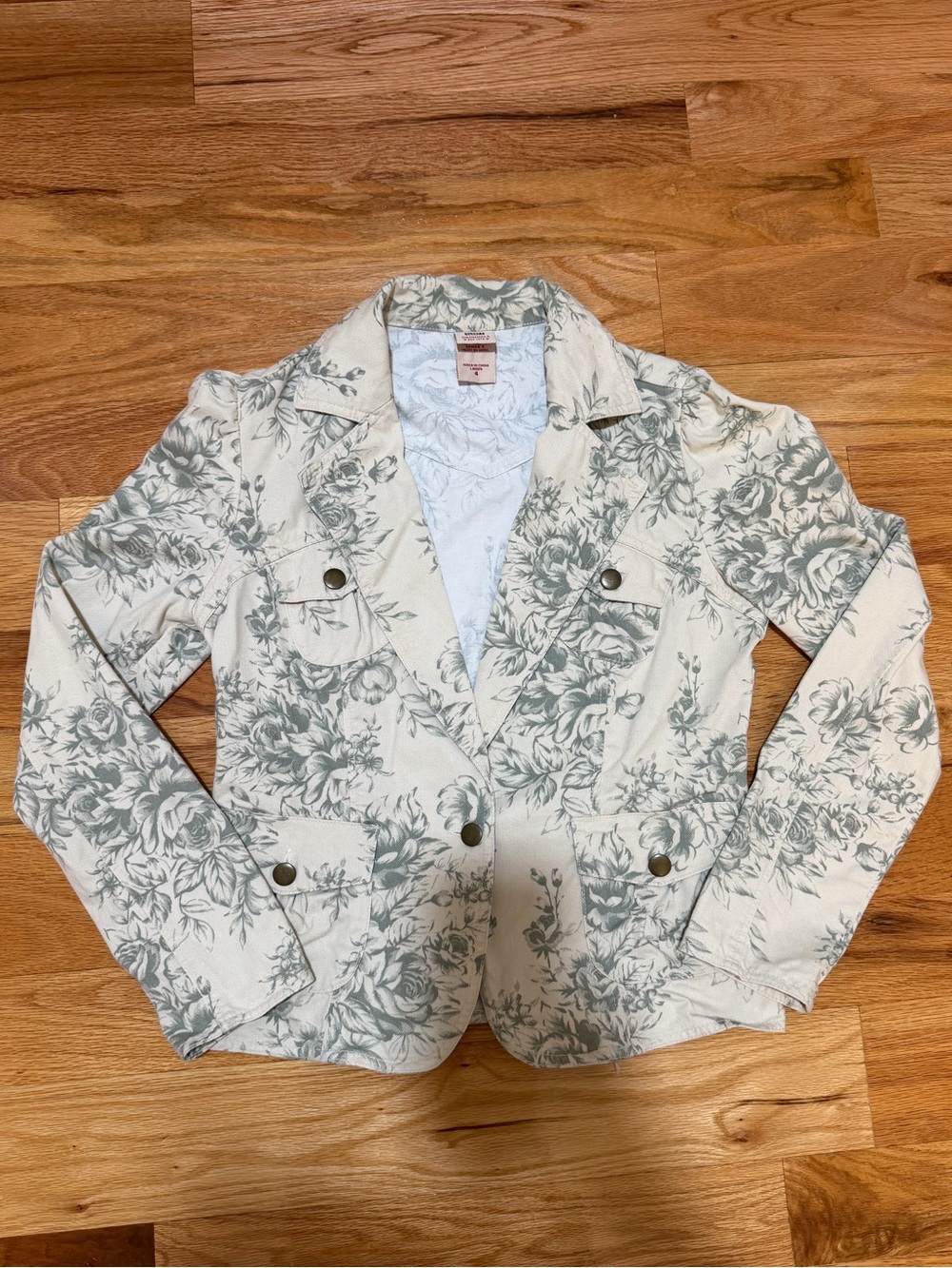 Faded Glory Floral Printed Women's Blazer Jacket - Cream with Sage Green-Size 4